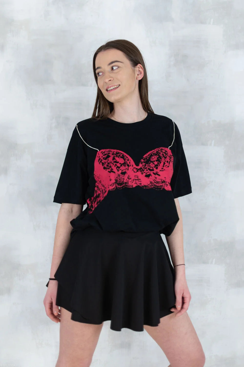 Tricou negru cu imprimeu corset și bretele din pietre aplicate 12008-017 - NIZIA