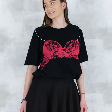 Tricou negru cu imprimeu corset și bretele din pietre aplicate 12008-017 - NIZIA