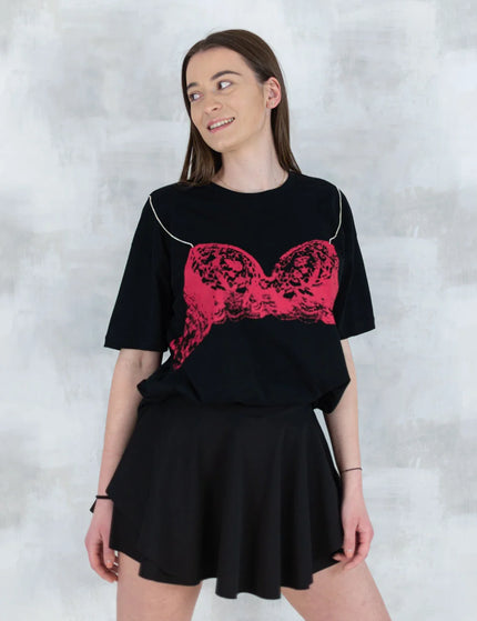 Tricou negru cu imprimeu corset și bretele din pietre aplicate 12008-017 - NIZIA