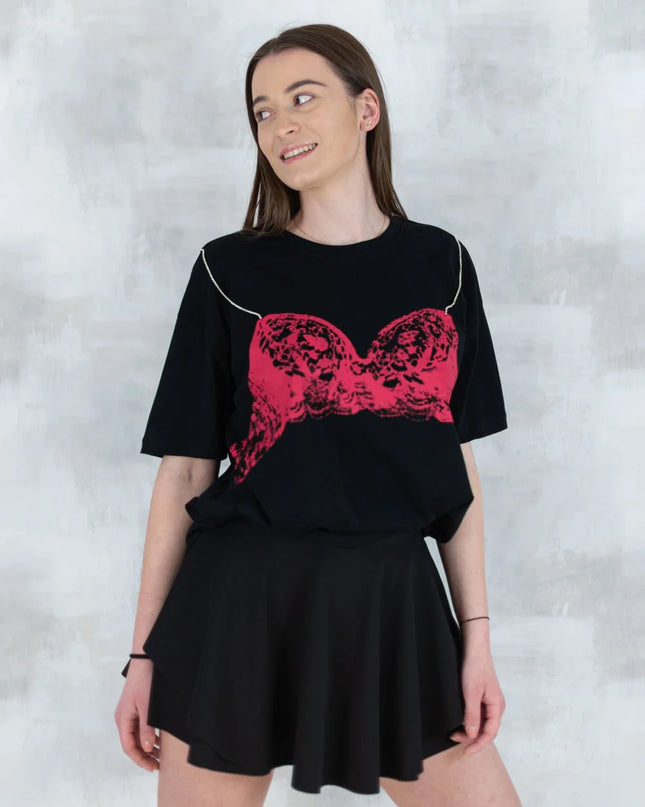 Tricou negru cu imprimeu corset și bretele din pietre aplicate 12008-017 - NIZIA