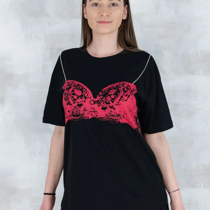 Tricou negru cu imprimeu corset și bretele din pietre aplicate 12008-017 - NIZIA