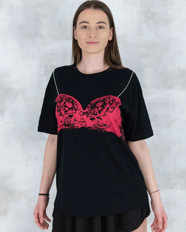 Tricou negru cu imprimeu corset și bretele din pietre aplicate 12008-017 - NIZIA