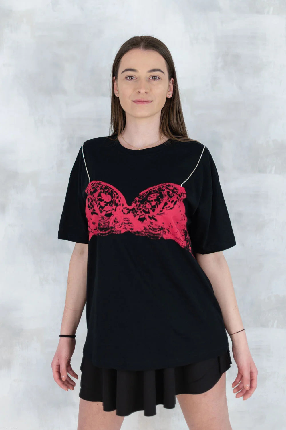 Tricou negru cu imprimeu corset și bretele din pietre aplicate 12008-017 - NIZIA