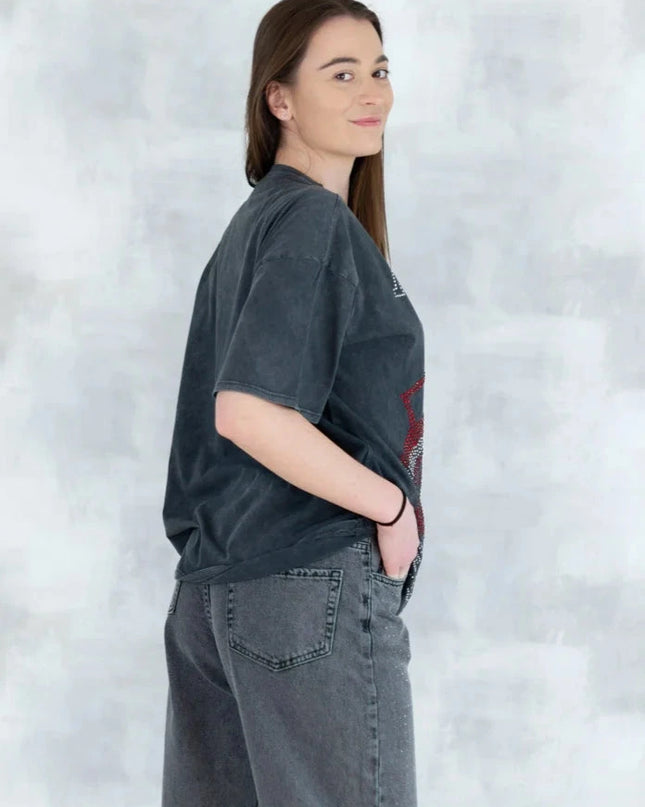 Tricou gri cu strasuri 12027-017 - NIZIA
