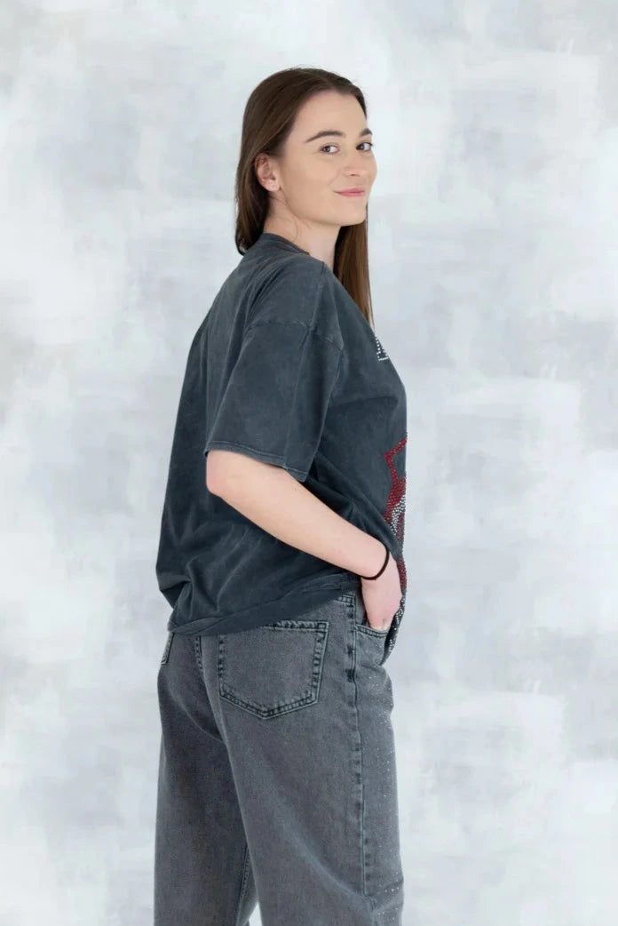 Tricou gri cu strasuri 12027-017 - NIZIA