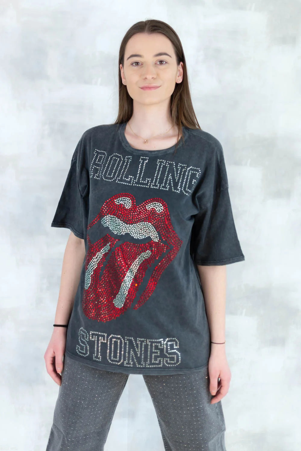 Tricou gri cu strasuri 12027-017 - NIZIA