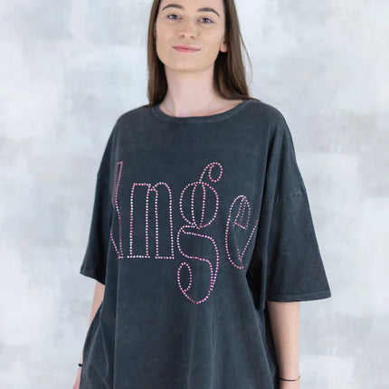 Tricou oversized cu imprimeu „Angel” din cristale 12012-017 - NIZIA