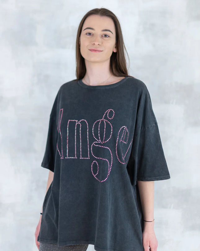 Tricou oversized cu imprimeu „Angel” din cristale 12012-017 - NIZIA