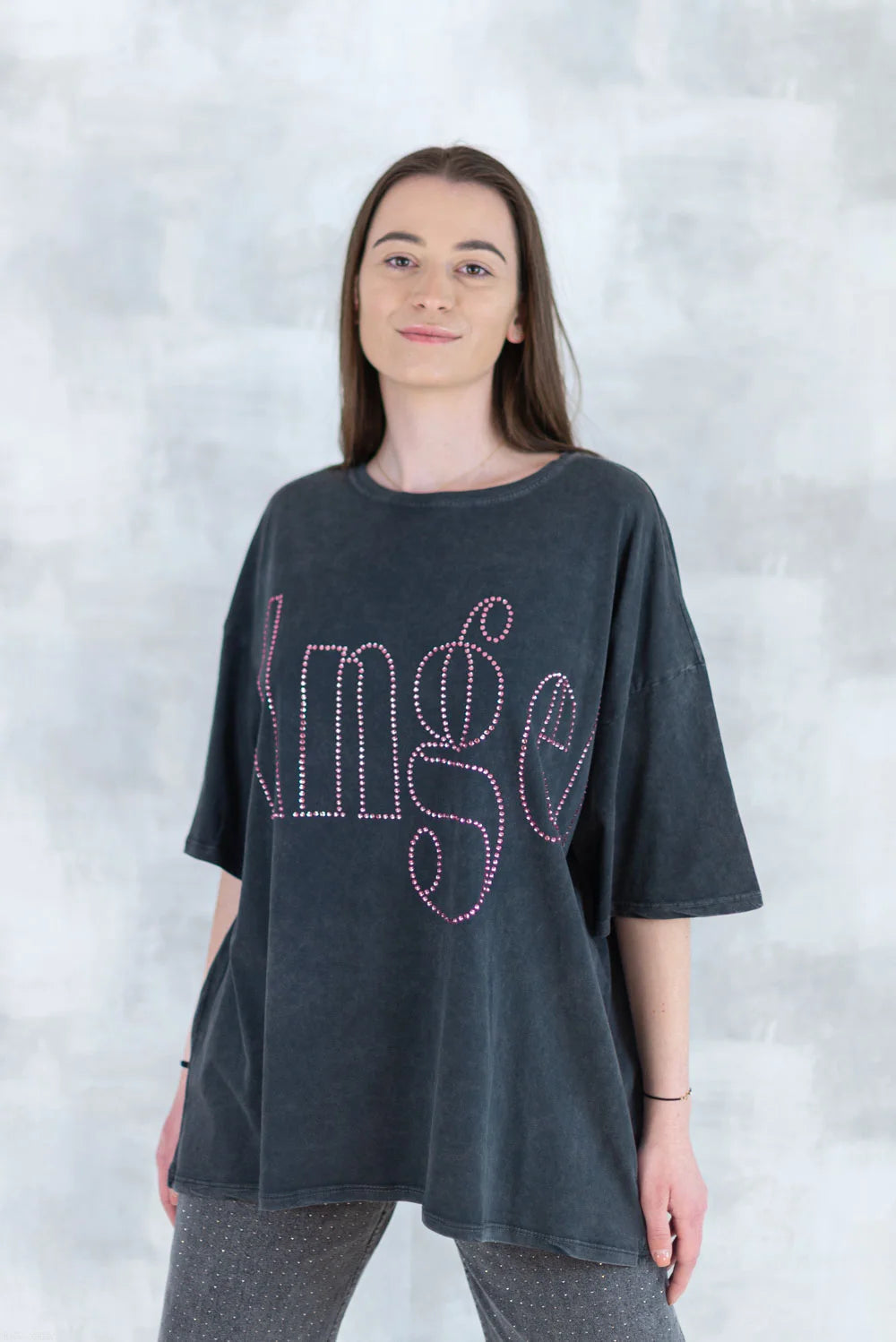 Tricou oversized cu imprimeu „Angel” din cristale 12012-017 - NIZIA