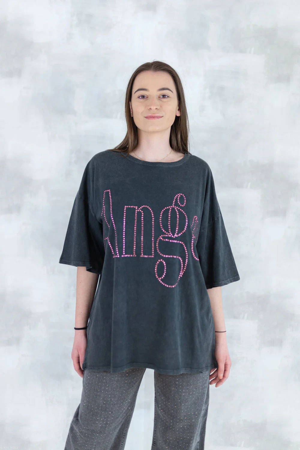 Tricou oversized cu imprimeu „Angel” din cristale 12012-017 - NIZIA