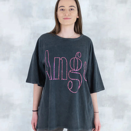 Tricou oversized cu imprimeu „Angel” din cristale 12012-017 - NIZIA