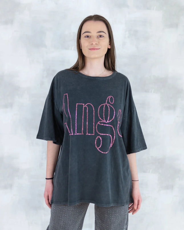 Tricou oversized cu imprimeu „Angel” din cristale 12012-017 - NIZIA