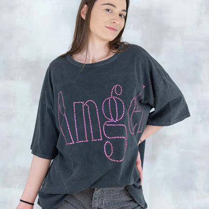 Tricou oversized cu imprimeu „Angel” din cristale 12012-017 - NIZIA