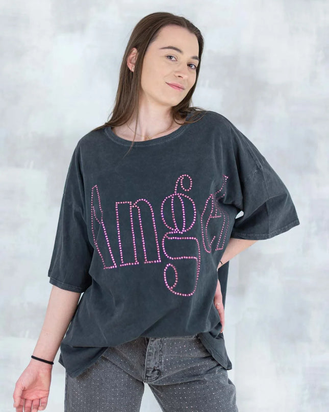 Tricou oversized cu imprimeu „Angel” din cristale 12012-017 - NIZIA