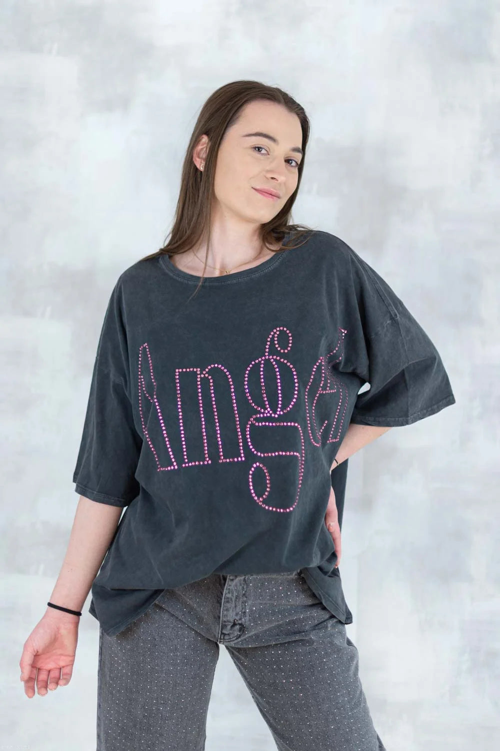Tricou oversized cu imprimeu „Angel” din cristale 12012-017 - NIZIA