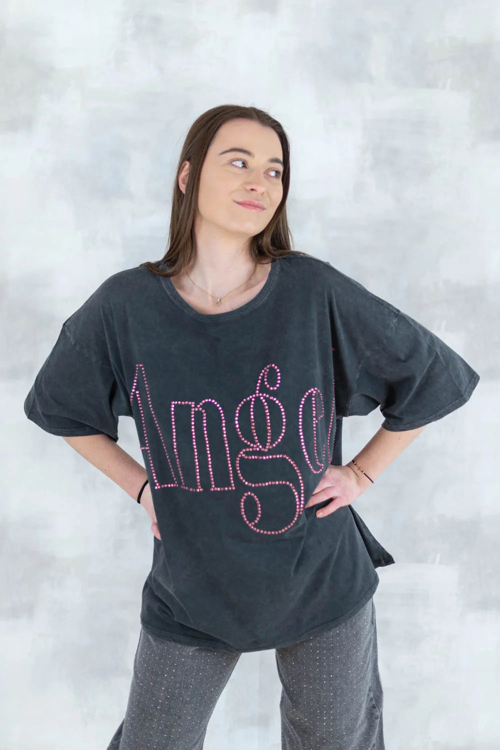 Tricou oversized cu imprimeu „Angel” din cristale 12012-017 - NIZIA