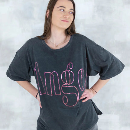 Tricou oversized cu imprimeu „Angel” din cristale 12012-017 - NIZIA