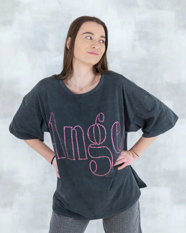Tricou oversized cu imprimeu „Angel” din cristale 12012-017 - NIZIA