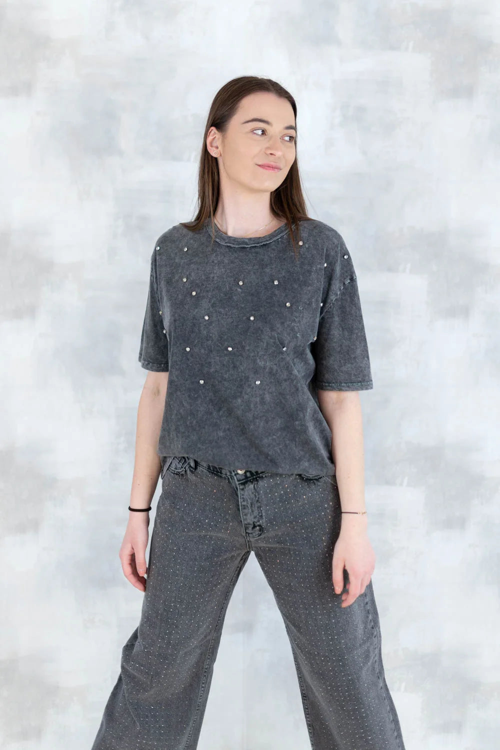 Tricou mineral wash cu aplicații strălucitoare 12025-017 - NIZIA