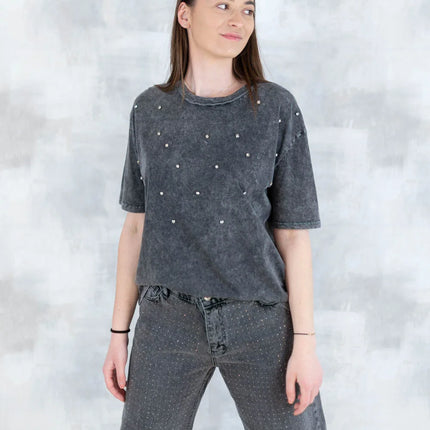 Tricou mineral wash cu aplicații strălucitoare 12025-017 - NIZIA