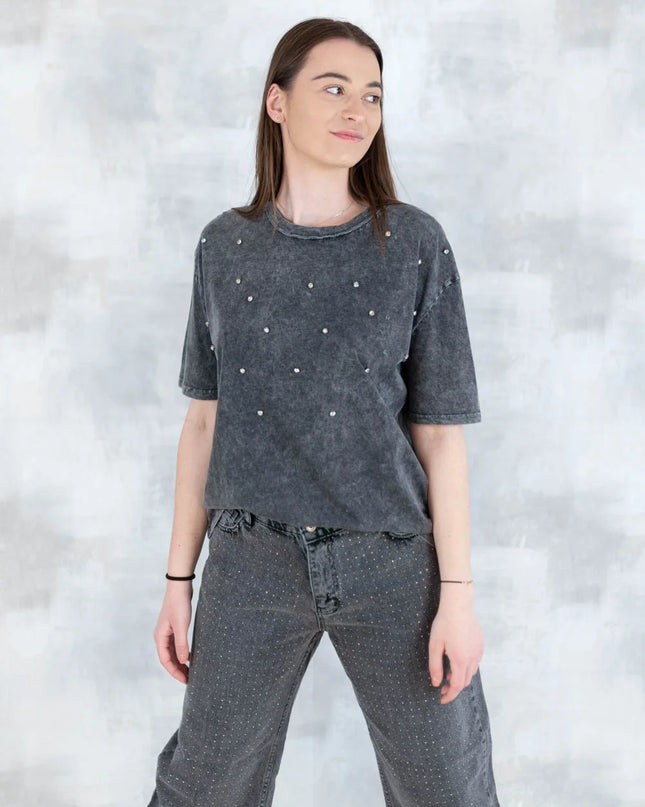 Tricou mineral wash cu aplicații strălucitoare 12025-017 - NIZIA