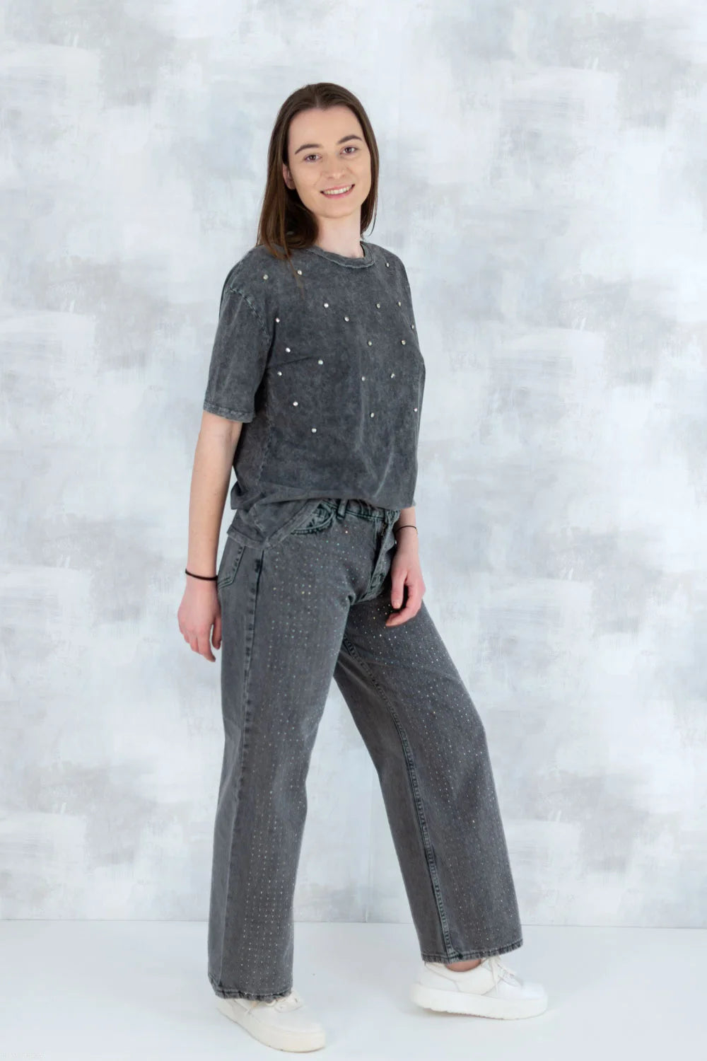 Tricou mineral wash cu aplicații strălucitoare 12025-017 - NIZIA