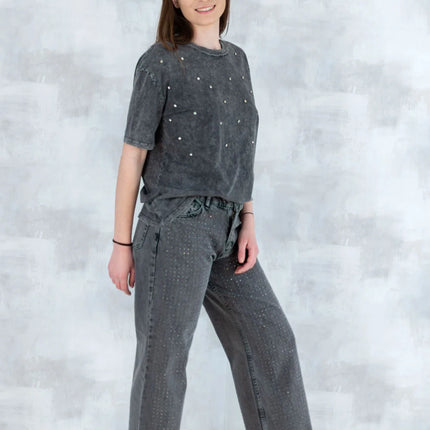 Tricou mineral wash cu aplicații strălucitoare 12025-017 - NIZIA