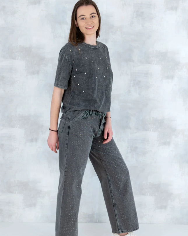 Tricou mineral wash cu aplicații strălucitoare 12025-017 - NIZIA