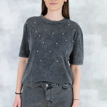 Tricou mineral wash cu aplicații strălucitoare 12025-017 - NIZIA