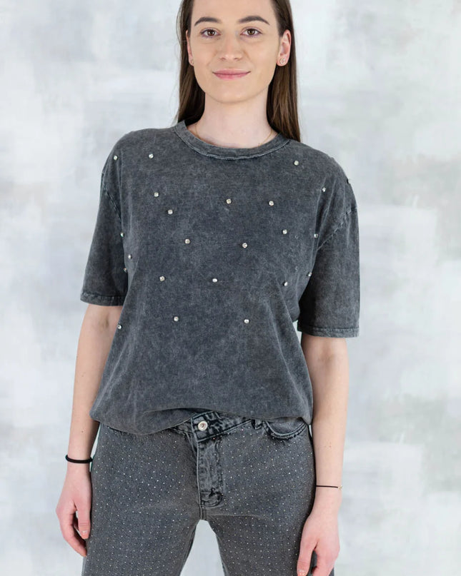 Tricou mineral wash cu aplicații strălucitoare 12025-017 - NIZIA