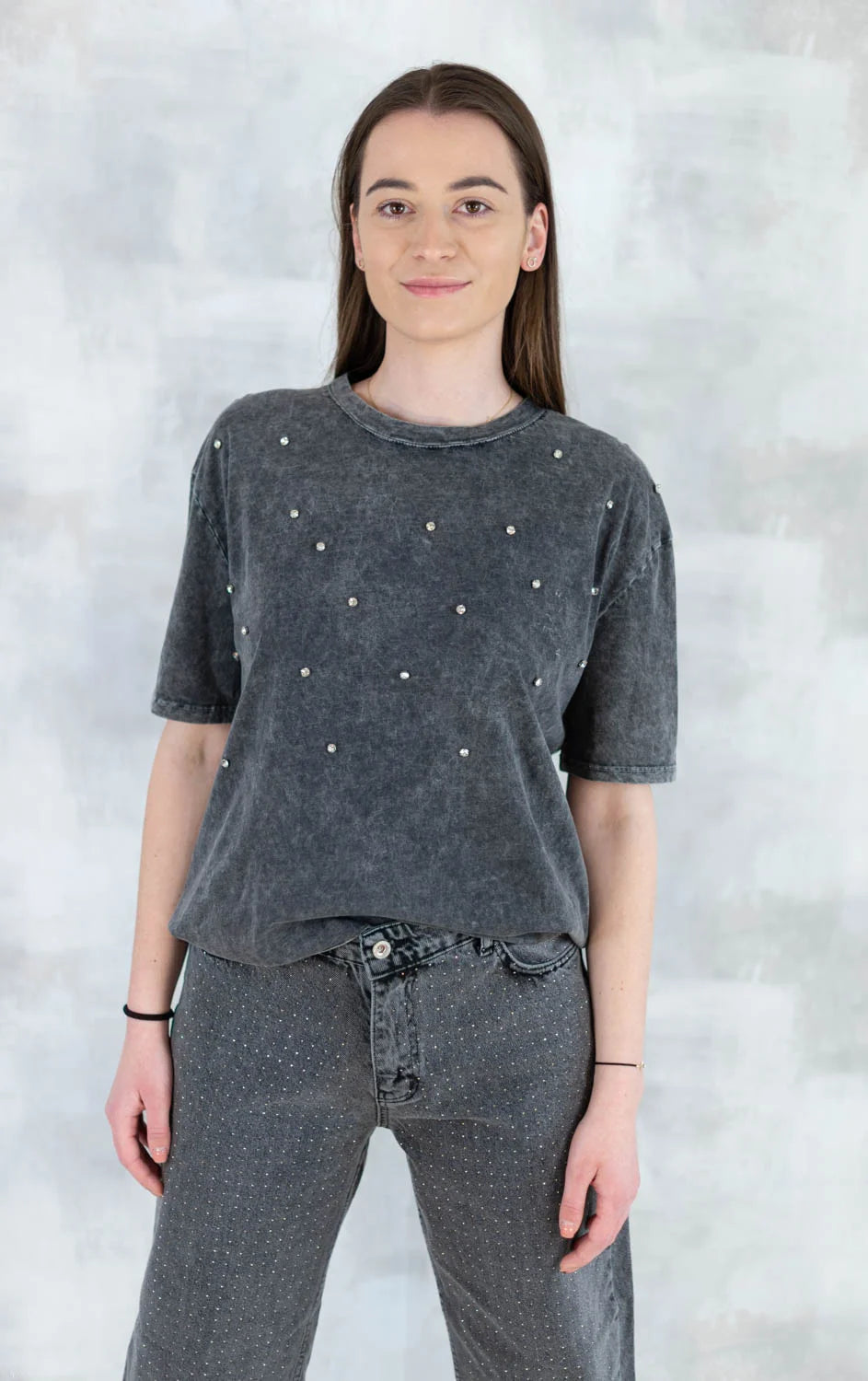 Tricou mineral wash cu aplicații strălucitoare 12025-017 - NIZIA