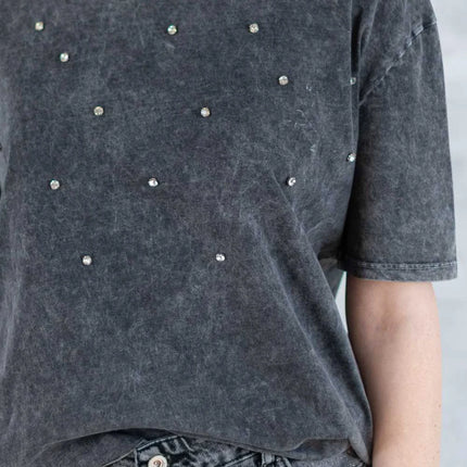 Tricou mineral wash cu aplicații strălucitoare 12025-017 - NIZIA