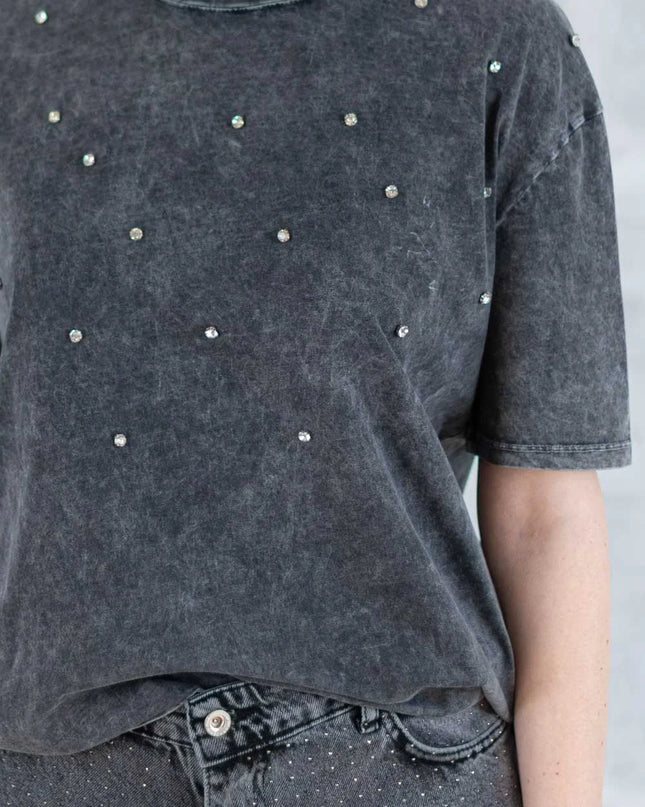 Tricou mineral wash cu aplicații strălucitoare 12025-017 - NIZIA