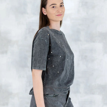 Tricou mineral wash cu aplicații strălucitoare 12025-017 - NIZIA