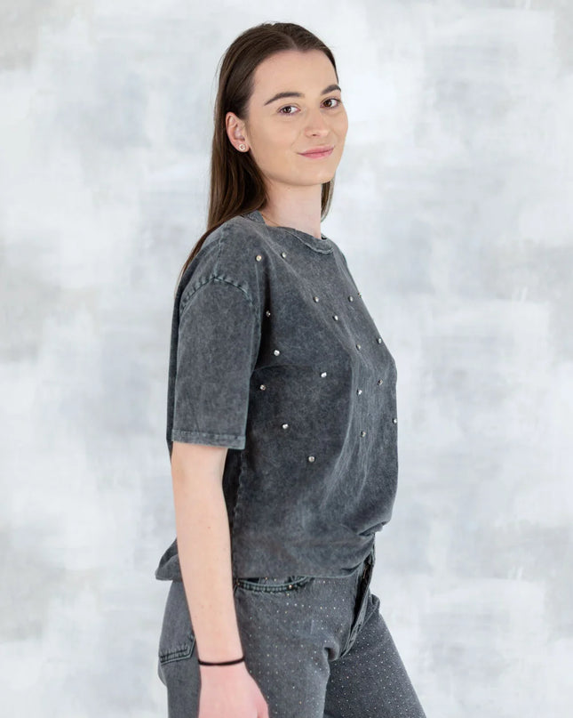 Tricou mineral wash cu aplicații strălucitoare 12025-017 - NIZIA