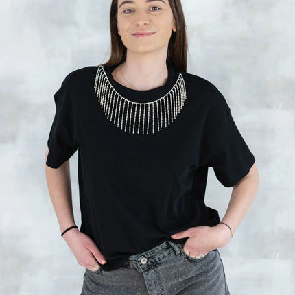 Tricou negru cu aplicatii tip colier 12010-017 - NIZIA