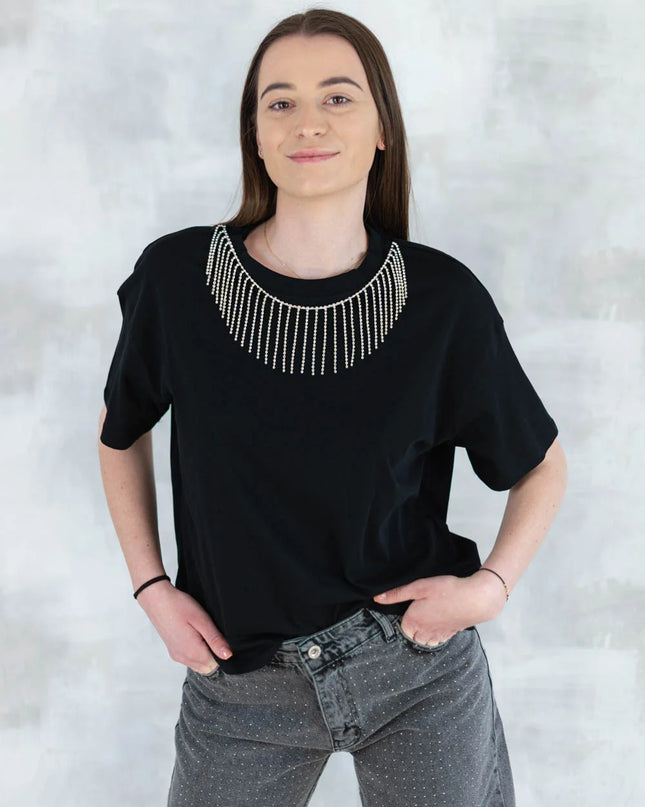Tricou negru cu aplicatii tip colier 12010-017 - NIZIA