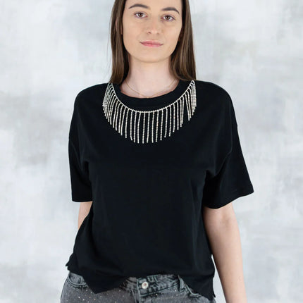 Tricou negru cu aplicatii tip colier 12010-017 - NIZIA