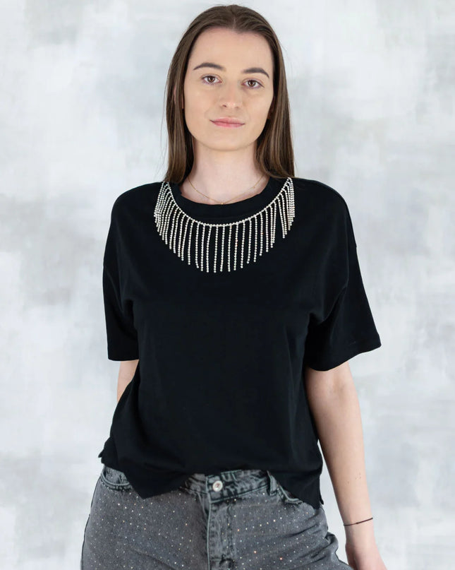 Tricou negru cu aplicatii tip colier 12010-017 - NIZIA