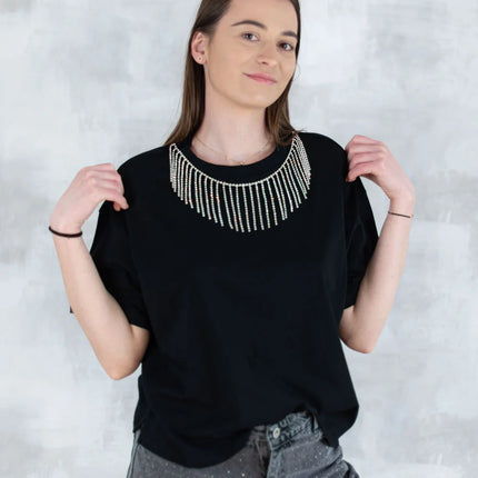 Tricou negru cu aplicatii tip colier 12010-017 - NIZIA