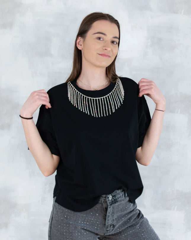 Tricou negru cu aplicatii tip colier 12010-017 - NIZIA