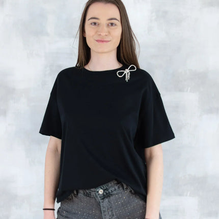 Tricou negru cu broșă tip fundiță detașabilă 12016-017 - NIZIA