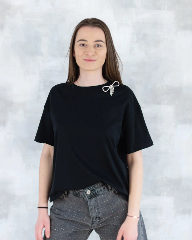 Tricou negru cu broșă tip fundiță detașabilă 12016-017 - NIZIA