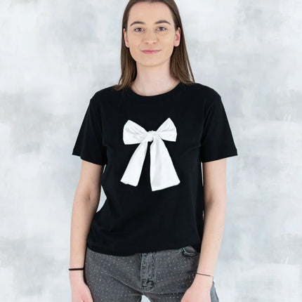 Tricou negru cu fundiță albă 12015-017 - NIZIA