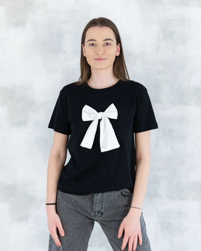 Tricou negru cu fundiță albă 12015-017 - NIZIA