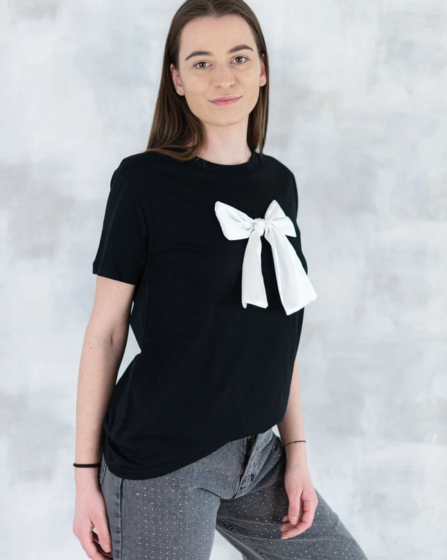 Tricou negru cu fundiță albă 12015-017 - NIZIA