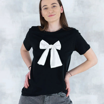Tricou negru cu fundiță albă 12015-017 - NIZIA