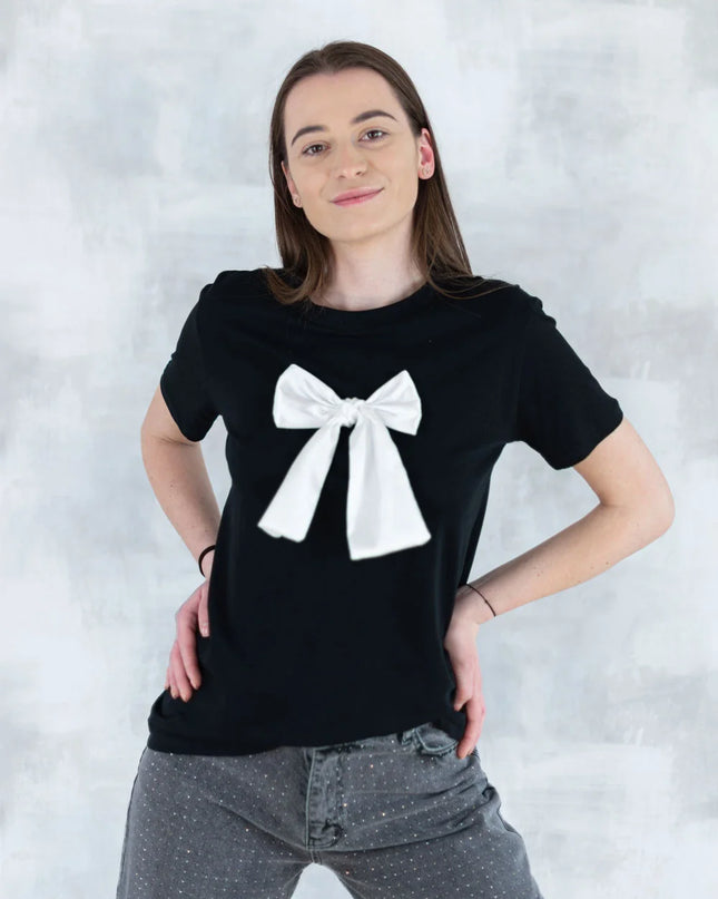 Tricou negru cu fundiță albă 12015-017 - NIZIA
