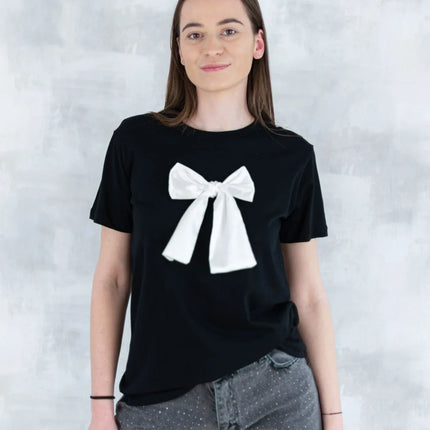 Tricou negru cu fundiță albă 12015-017 - NIZIA