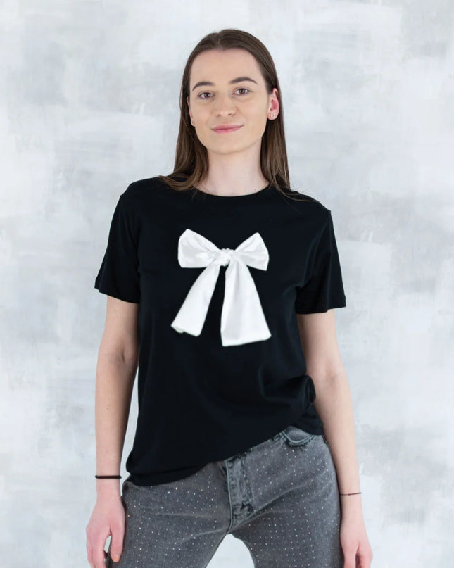 Tricou negru cu fundiță albă 12015-017 - NIZIA